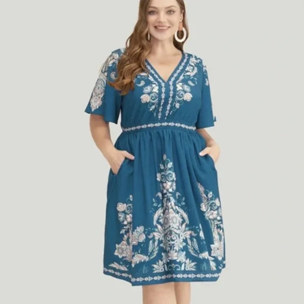 Bloomchic Bandana Floral & Paisley Pocket Knee Dress Size 12 - Picture 4 of 9